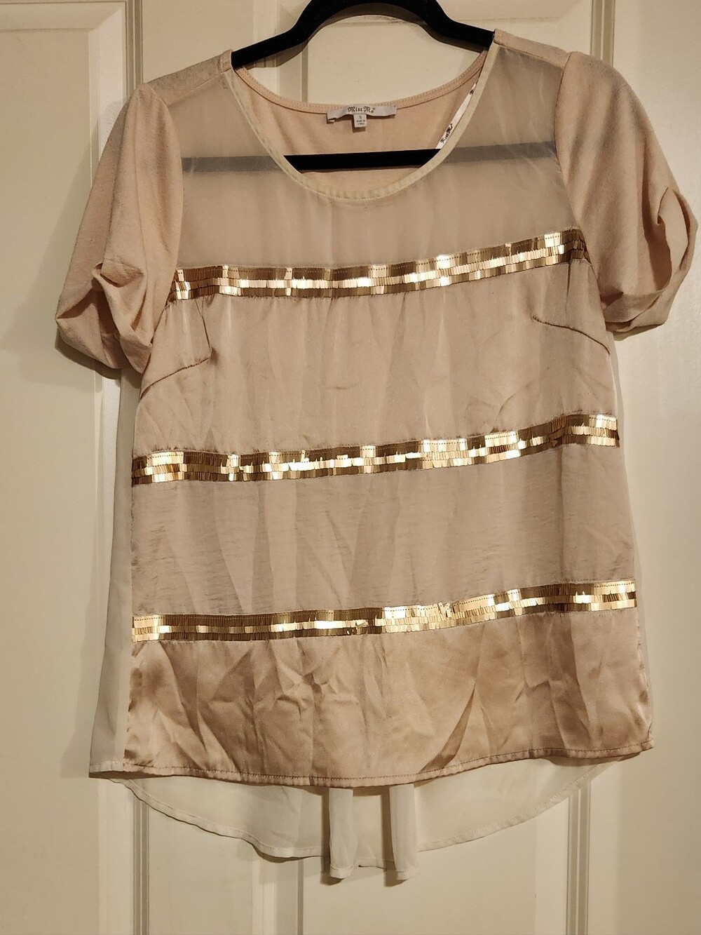 Miss Me Brand Neutral Beige Top with Gold Sequin Trim